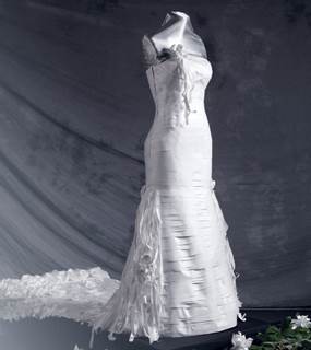The “Bella the Bride” wedding dress was made from plastic packaging and exhibited in New York. The “Bella the Bride” wedding dress was made from plastic packaging and exhibited in New York.