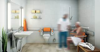 Systems such as Pressalit’s Care Plus make bathroom equipment height- and width-adjustable, creating more space and greater accommodations. Systems such as Pressalit’s Care Plus make bathroom equipment height- and width-adjustable, creating more space and greater accommodations.