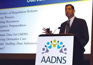 CMS’ Evan Schulman, shown here at the 2017 AADNS conference, said nursing homes are consistently falling short of meeting infection control regulations. CMS’ Evan Schulman, shown here at the 2017 AADNS conference, said nursing homes are consistently falling short of meeting infection control regulations.